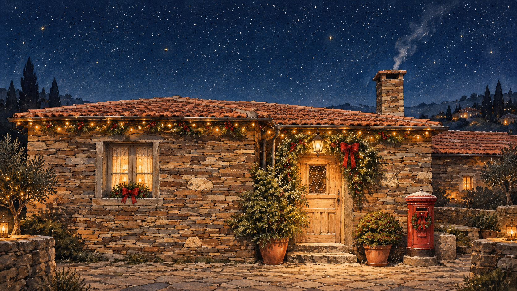 Interpretação ilustrada de uma casa de xisto de Quintandona, com luzes de Natal sob um céu estrelado