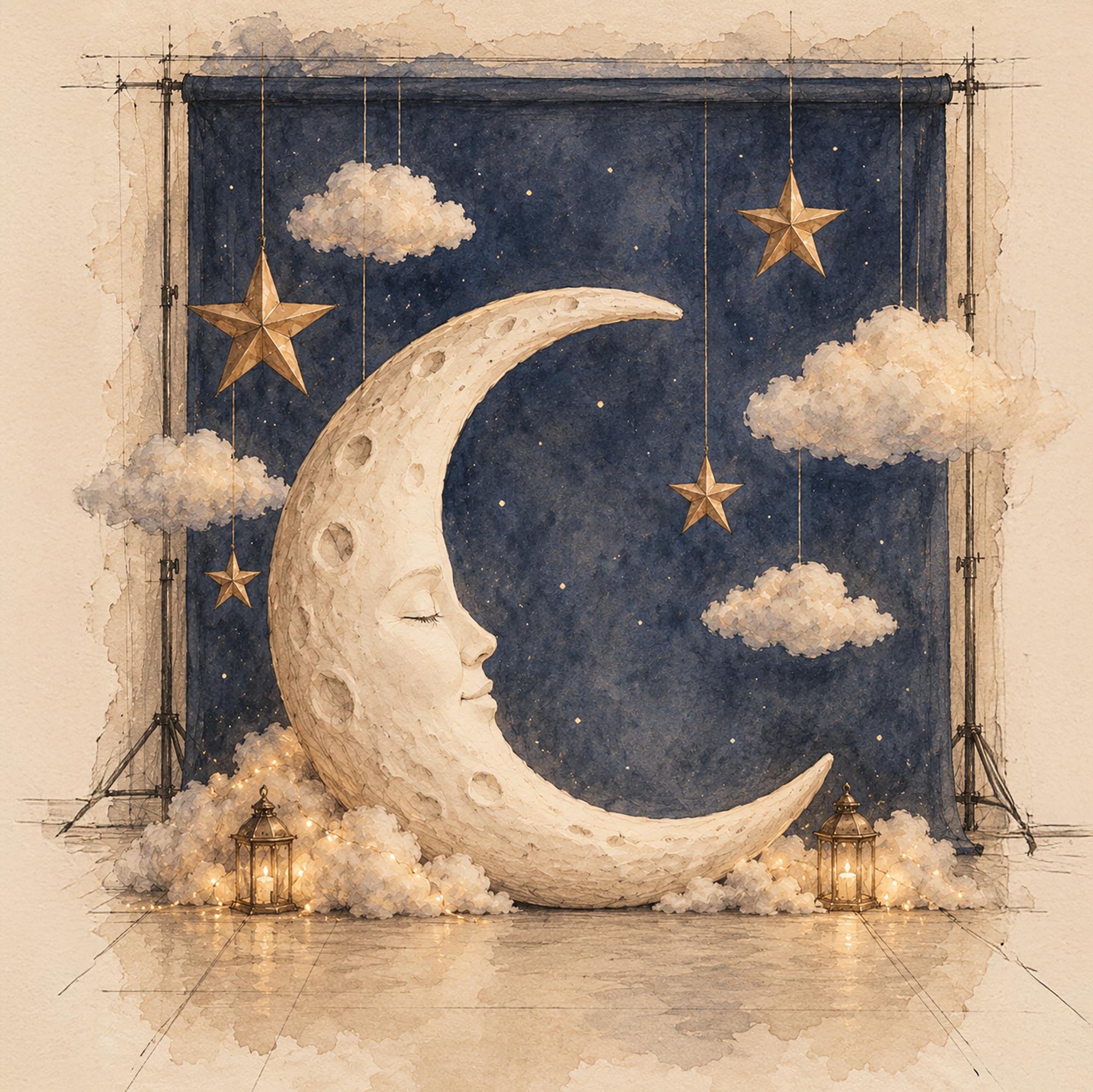 Ilustração do conceito de uma lua gigante entre estrelas e nuvens, sobre um fundo azul