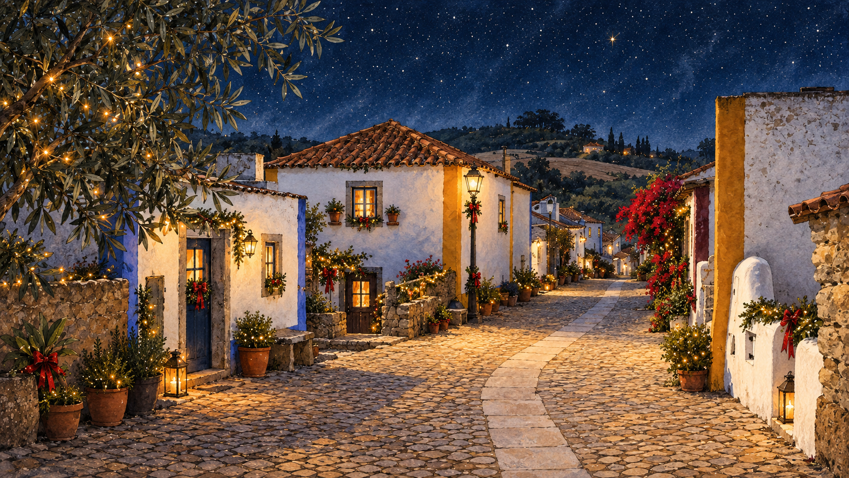 Mata Pequena ilustrada: casas brancas com detalhes azuis e amarelos, uma rua de calçada e luzes de Natal
