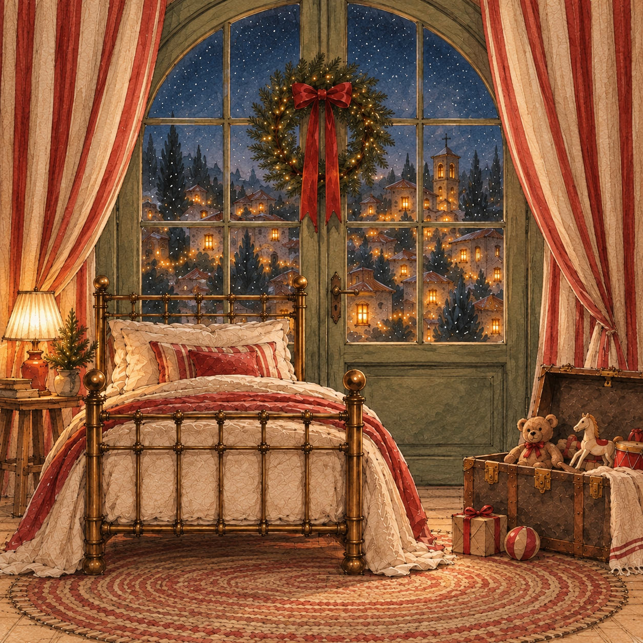 O quarto de sonho, com uma cama e uma grande janela aberta para o imaginário de Natal