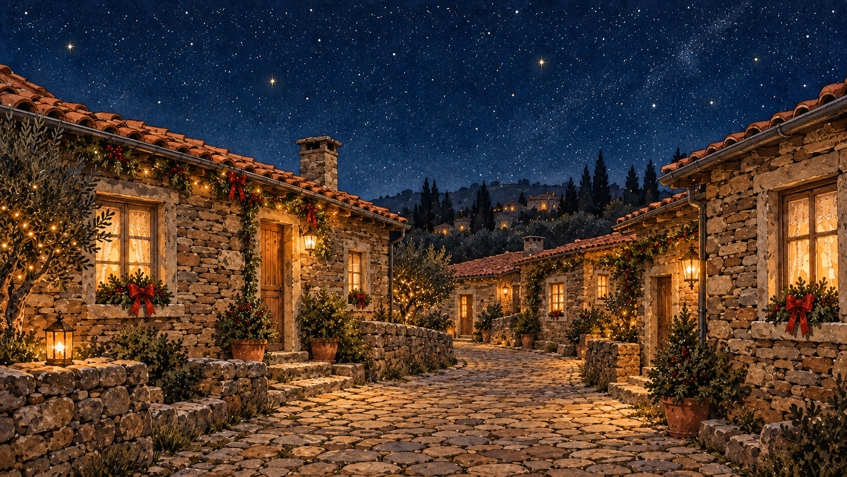Rua ilustrada de uma aldeia de xisto, com janelas iluminadas e decorações de Natal